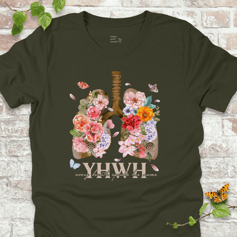 Olive Green YHWH Floral T‑Shirt with blooming lungs and fluttering butterflies.