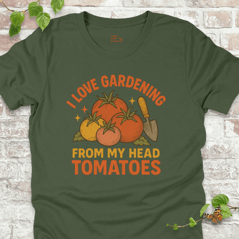 Tomatoes T-Shirt in Military Green, featuring a pile of hand-drawn tomatoes, garden trowel, and the pun 'I Love Gardening From My Head Tomatoes' on soft Bella+Canvas tee.