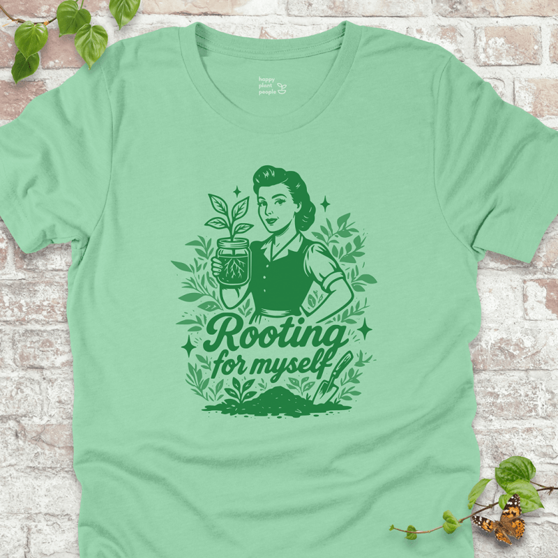 Rooting for Myself T-Shirt in Mint Green with vintage gardener and propagation jar design.