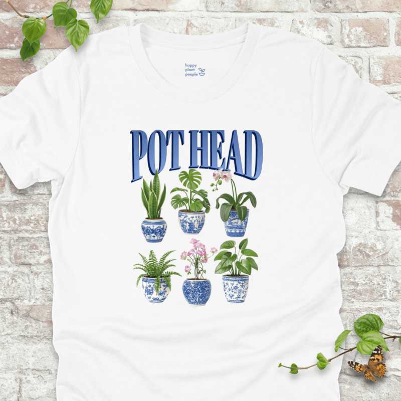 Pot Head T-Shirt in white with houseplants in chinoiserie pots and bold blue text.