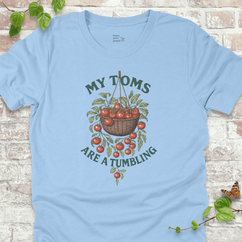 Tumbling Toms T-Shirt in Light Blue with hanging cherry tomato basket and the phrase 'My Toms Are a Tumbling'