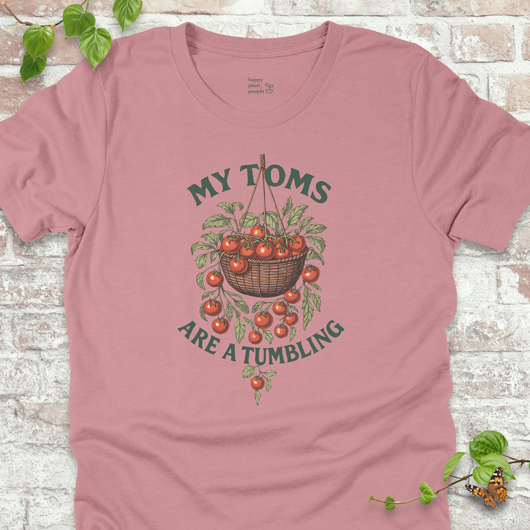 Tumbling Toms T-Shirt in Pink with hanging cherry tomato basket and the phrase 'My Toms Are a Tumbling'