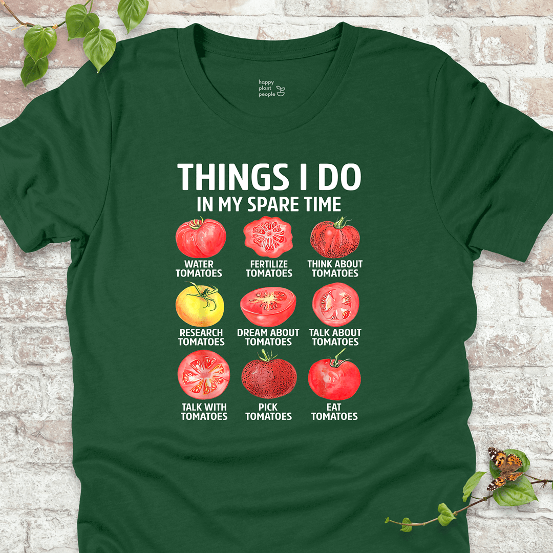 Funny tomato T-shirt in green with a grid of tomato illustrations and the phrase 'Things I Do in My Spare Time'