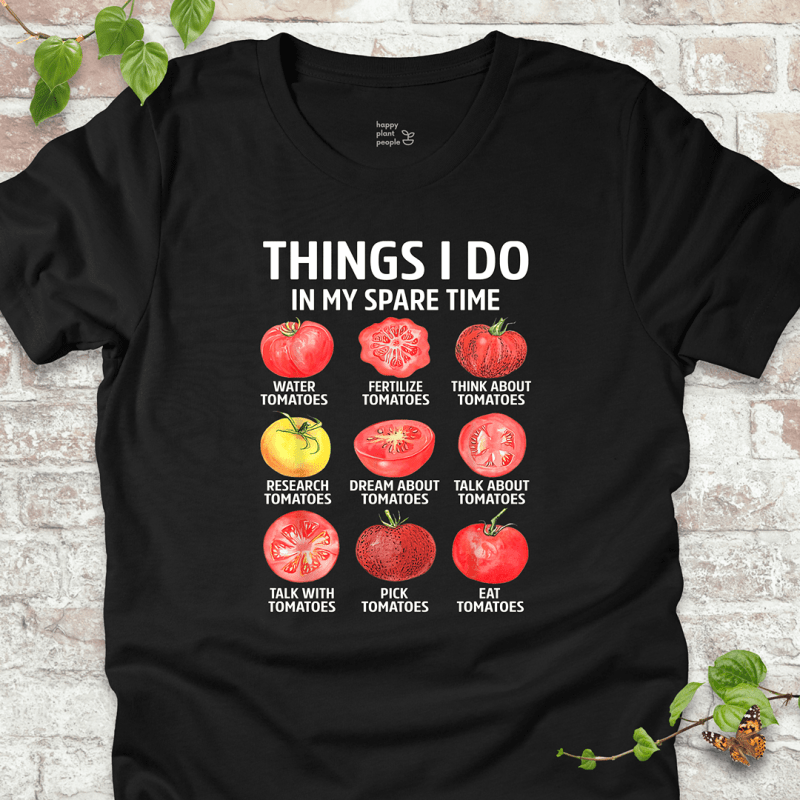 Funny tomato T-shirt in black with red tomato graphics and the quote 'Things I Do in My Spare Time'.