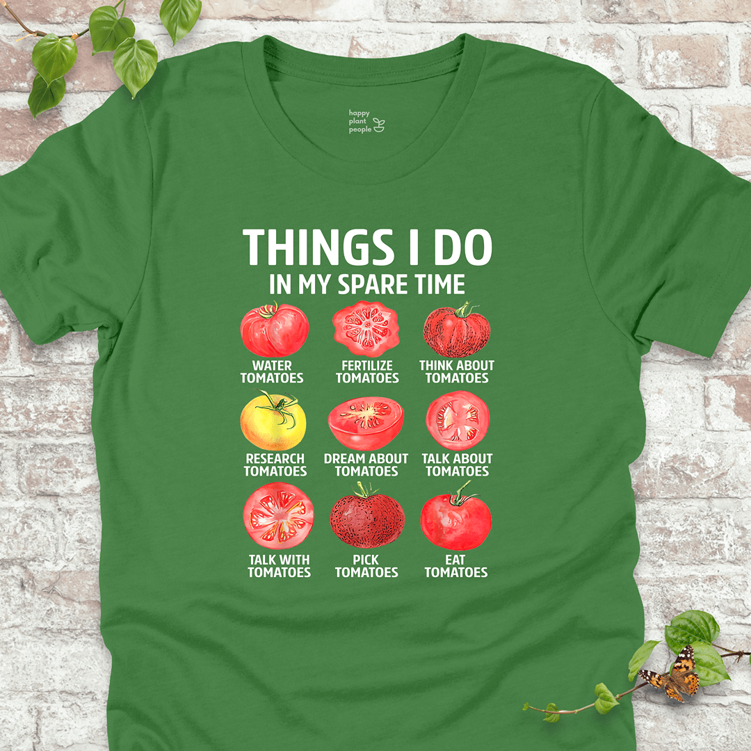 Funny tomato T-shirt in green with tomato grid design and humorous gardening quote.
