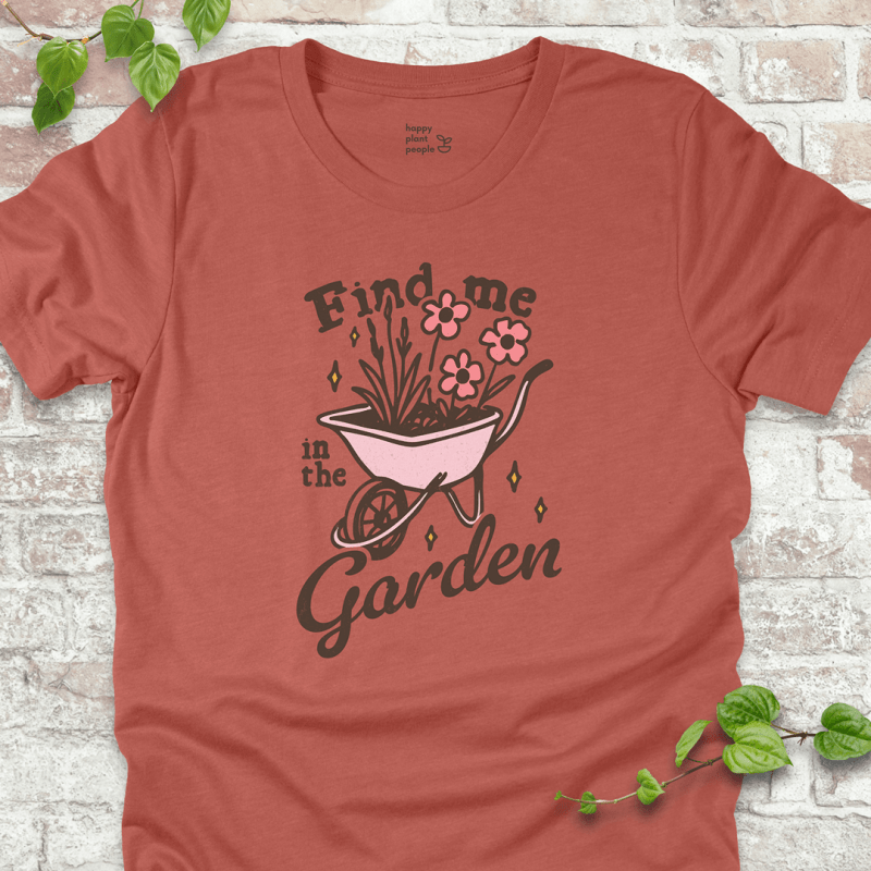 n the Garden T-Shirt – pink wheelbarrow with flowers and hand-lettered garden quote on autumn colored tee
