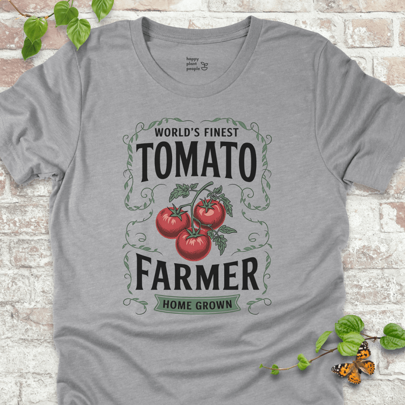Tomato Farmer T-Shirt – heirloom tomato design with bold text on grey shirt