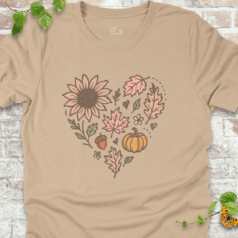 Tan lightweight T-shirt with leafy autumn heart and floral accents