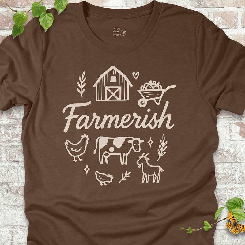 Soft brown lightweight tee with white ink farm-themed print. Great for farmers market days or garden-side lounging.