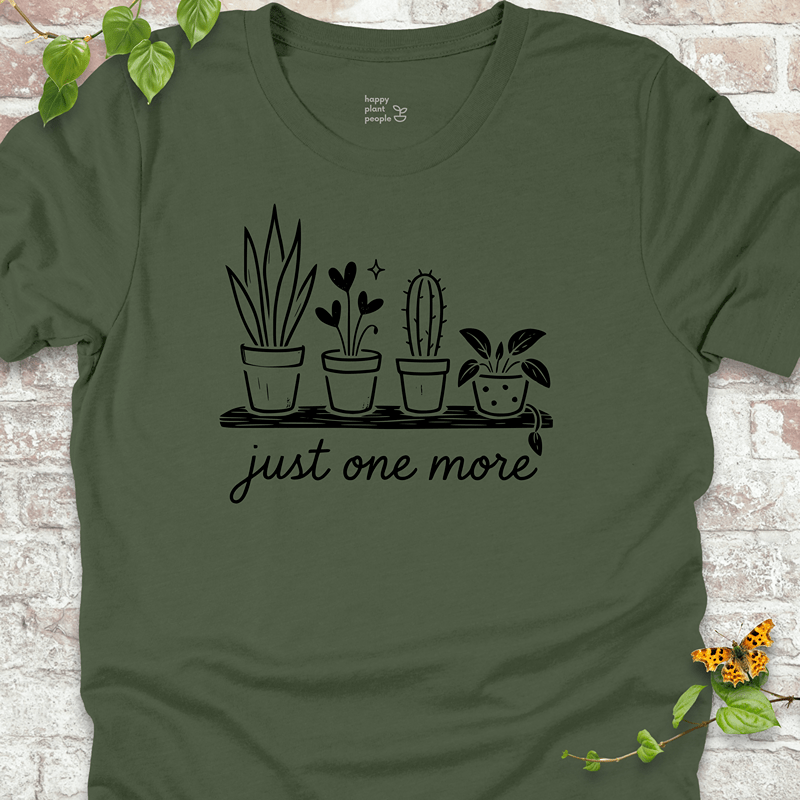Plant parent tee with cheeky slogan and sketch-style plants on an earthy green shirt