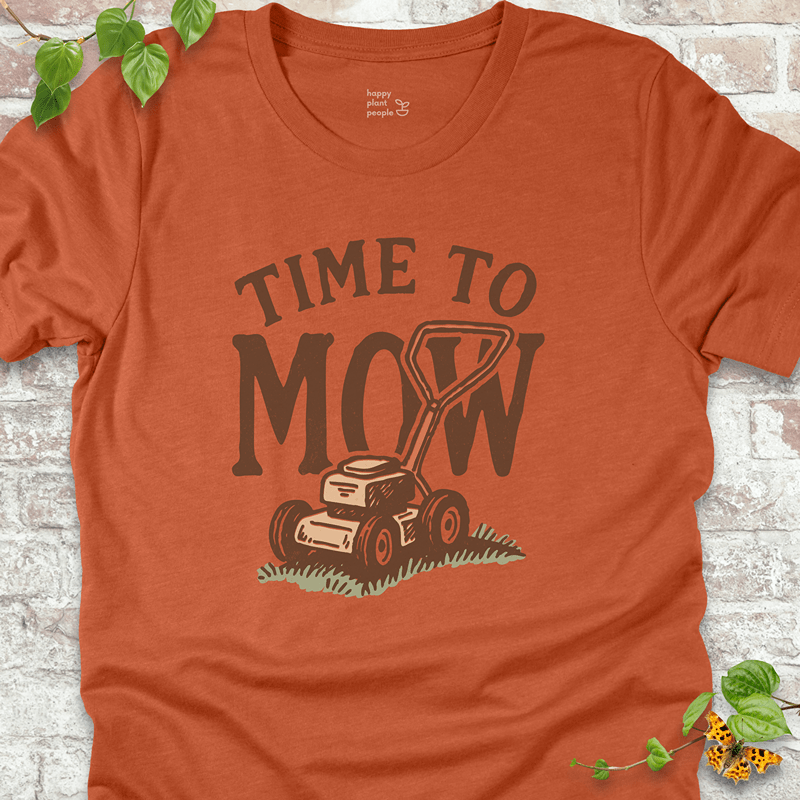 Unisex Heather Autumn tee featuring “Time to Mow” lawn care print. Lightweight Bella+Canvas fit with fall-friendly tones for plant and mower fans.