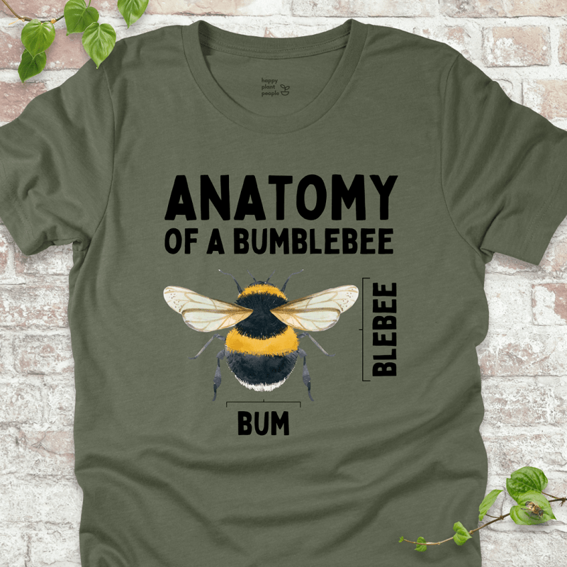 Funny bee anatomy T-shirt in military green – unisex gardening gift for nature lovers
