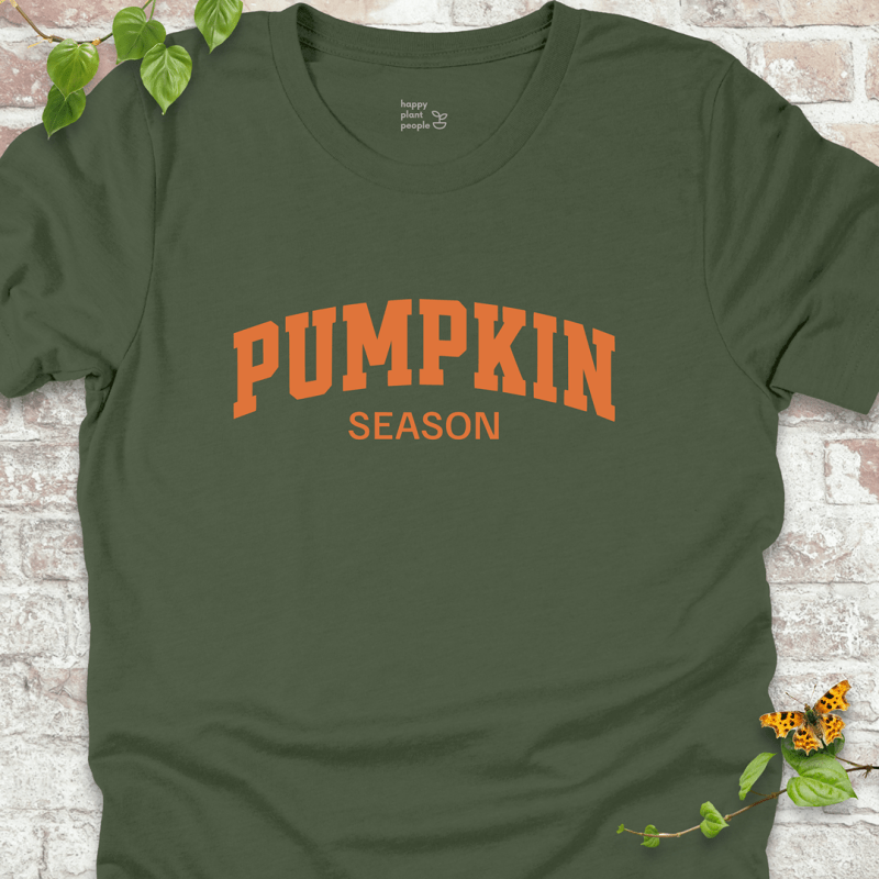 Earth-toned fall tee with pumpkin-inspired lettering for outdoor growers