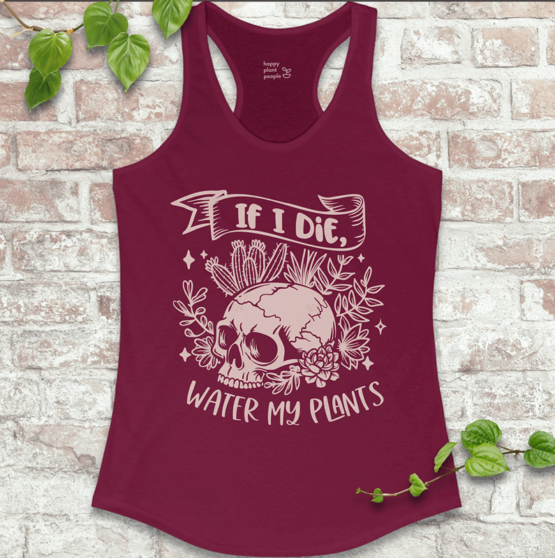 Skeleton plant design on dark red racerback tank for dramatic plant lovers