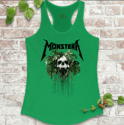 Ladies racerback tank top in kelly green with a bold skull and Monstera leaf design. Sleeveless houseplant shirt for plant lovers with attitude.