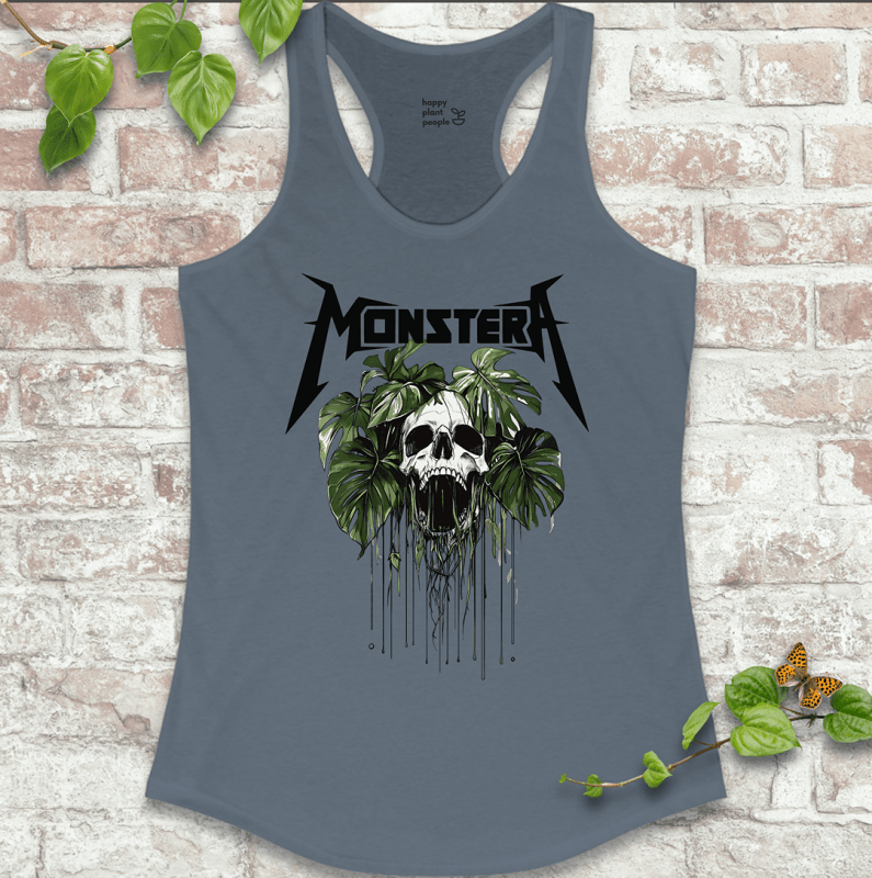 Ladies racerback tank top in blue with a bold skull and Monstera leaf design. Sleeveless houseplant shirt for plant lovers with attitude.