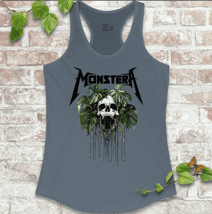 Ladies racerback tank top in blue with a bold skull and Monstera leaf design. Sleeveless houseplant shirt for plant lovers with attitude.