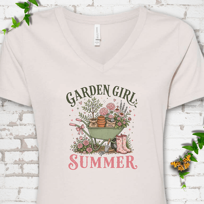 Garden Girl Summer Wheelbarrow V-Neck T-Shirt