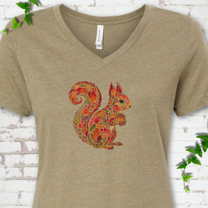 Dark Grey Heather Bella Canvas® V-neck T-shirt flat lay with an autumn squirrel graphic made from colorful leaves, ferns and flowers.