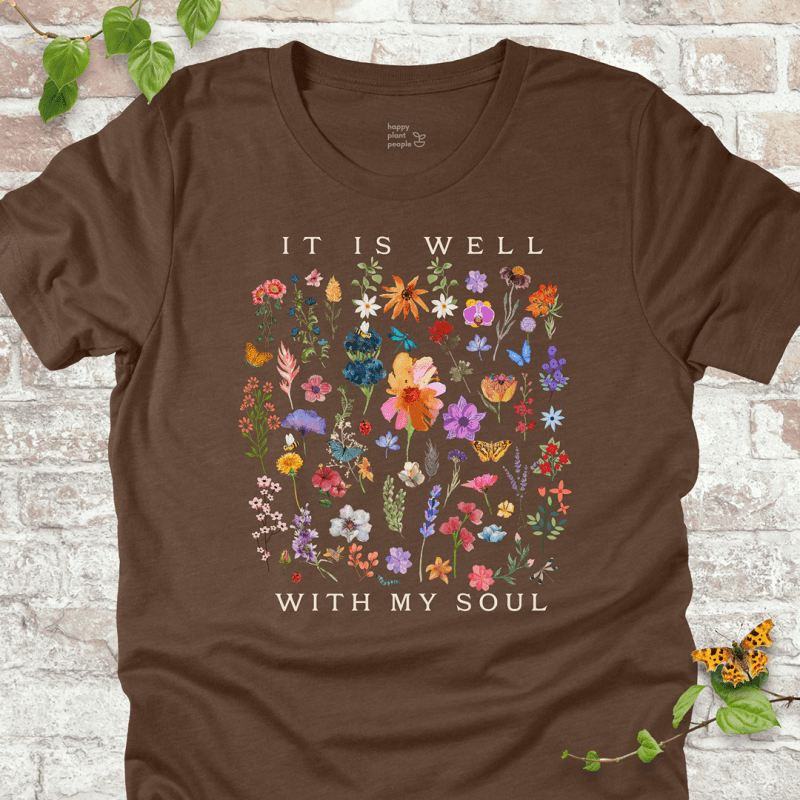 Brown It Is Well With My Soul floral T shirt laid flat
