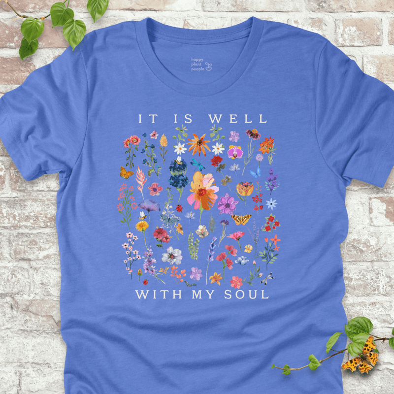 Blue It Is Well With My Soul floral T shirt laid flat