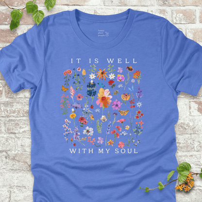 Blue It Is Well With My Soul floral T shirt laid flat