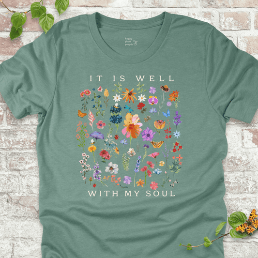 Dusty Blue It Is Well With My Soul floral T shirt laid flat