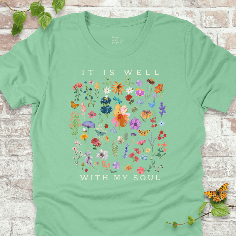  Mint green It Is Well With My Soul floral T shirt laid flat