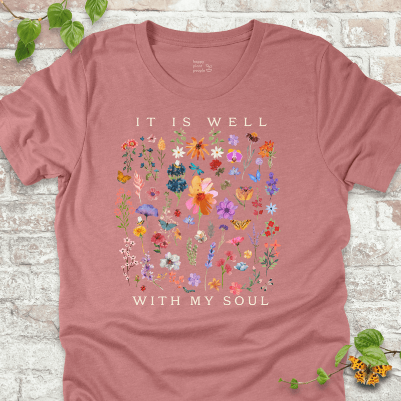 Dusty Pink  It Is Well With My Soul floral T shirt laid flat