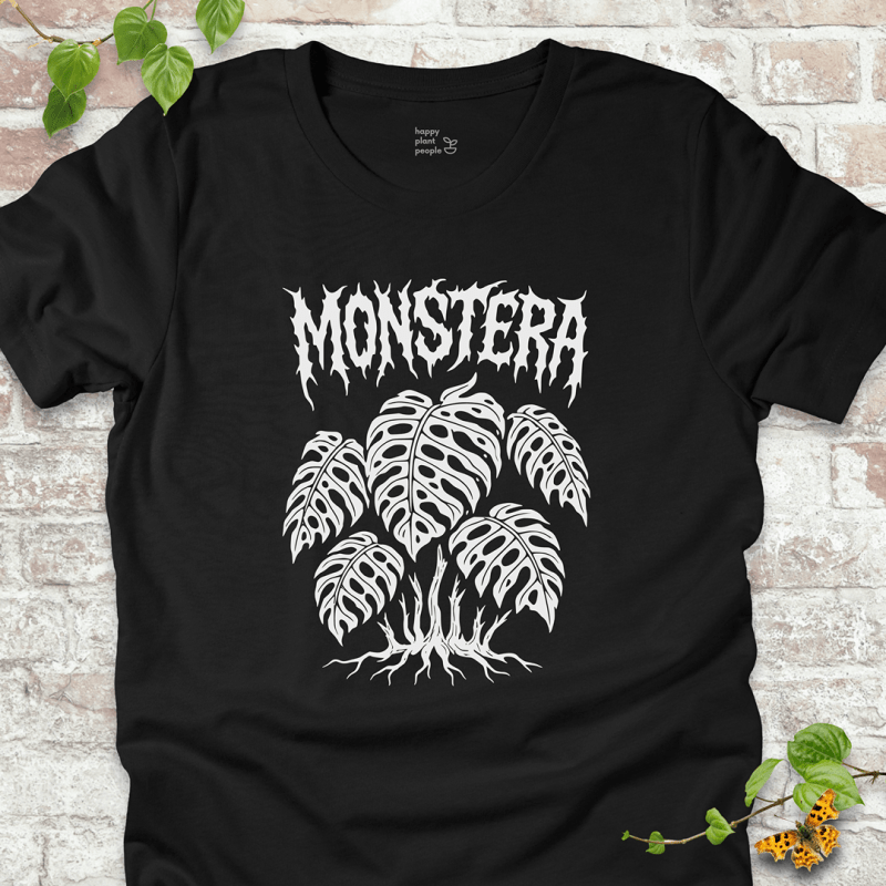 Spooky Monstera graphic T-shirt in heather black, featuring eerie Monstera leaves and roots.