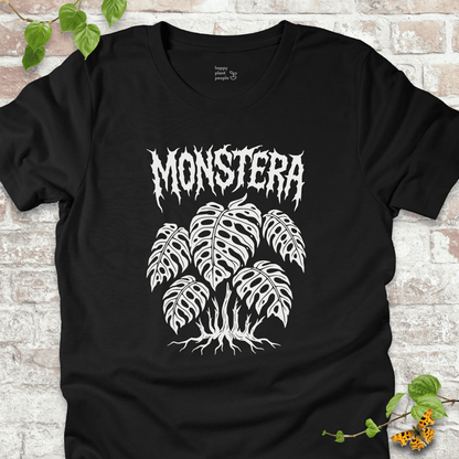 Spooky Monstera graphic T-shirt in heather black, featuring eerie Monstera leaves and roots.