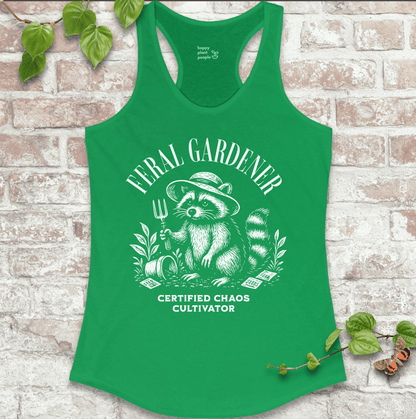 Ladies racerback tank top in green with “Feral Gardener – Certified Chaos Cultivator” and raccoon graphic. Funny sleeveless garden shirt for plant lovers.