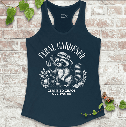 Ladies racerback tank top in navy with “Feral Gardener – Certified Chaos Cultivator” and raccoon graphic. Funny sleeveless garden shirt for plant lovers.