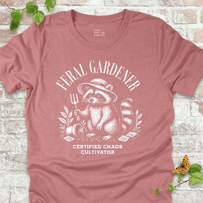 Dusty Pink gardening T-shirt with vintage raccoon and “Certified Chaos Cultivator” slogan. Funny gift for plant lovers and gardeners.
