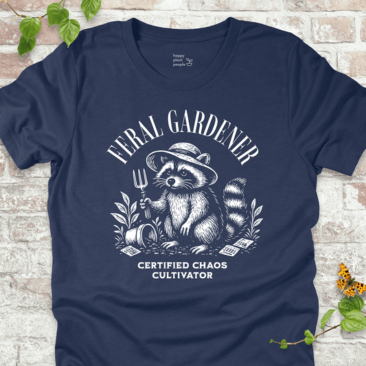 Heather Navy gardening T-shirt with vintage raccoon and “Certified Chaos Cultivator” slogan. Funny gift for plant lovers and gardeners.