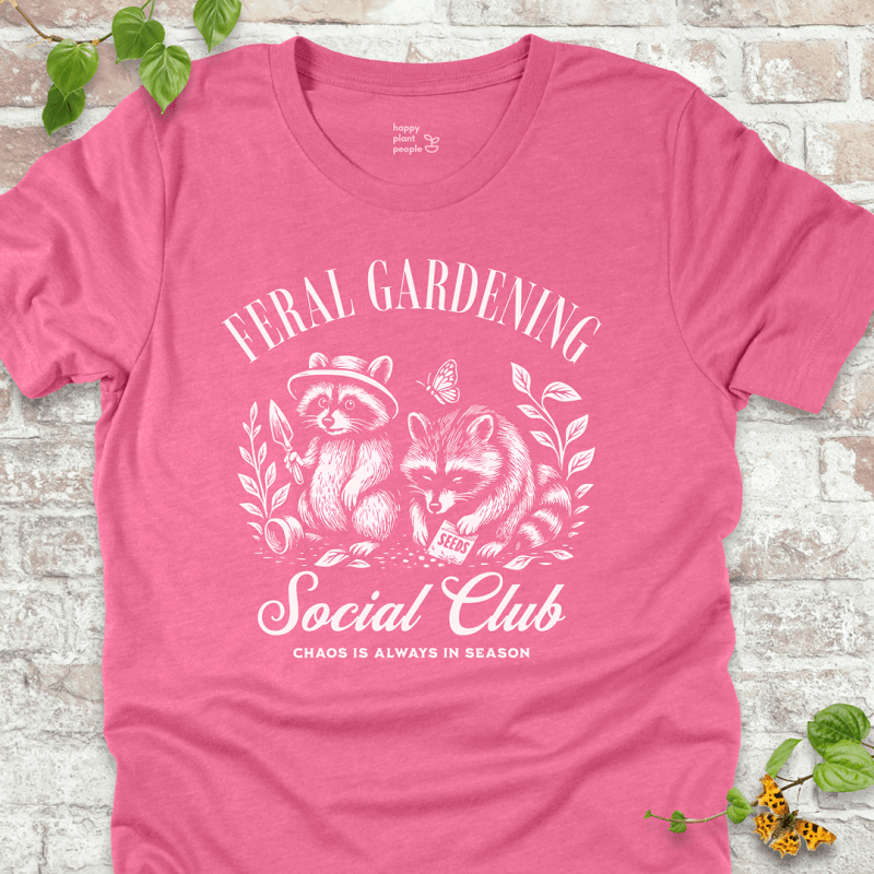 Pink Feral Gardening T-shirt with raccoons and chaos quote. Great gift for plant moms and gardeners.