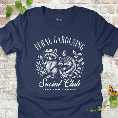 Navy Blue gardening T-shirt with vintage raccoons and ‘Chaos Is Always in Season’ slogan. Fun gift for plant lovers.”