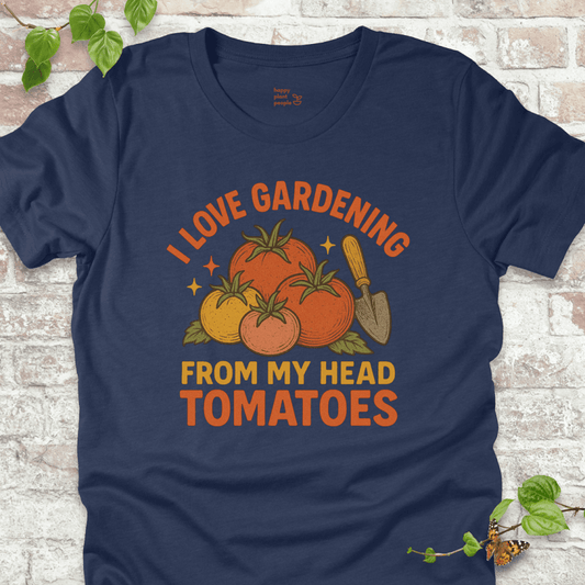 Tomatoes T-Shirt in Navy, featuring a pile of hand-drawn tomatoes, garden trowel, and the pun 'I Love Gardening From My Head Tomatoes' on soft Bella+Canvas tee.