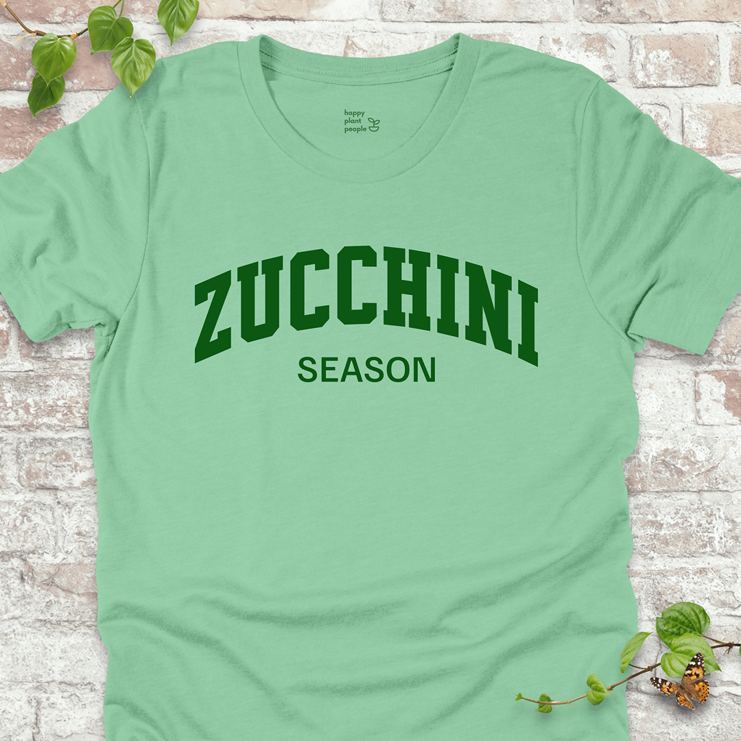 Zucchini Season T-Shirt in Mint, featuring bold green varsity-style text on soft Bella+Canvas tee.