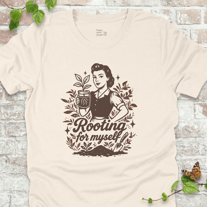 Rooting for Myself T-Shirt in natural with vintage gardener and propagation jar design.