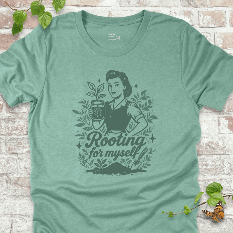 Rooting for Myself T-Shirt in Heather Prism Dusty Blue with vintage gardener and propagation jar design.