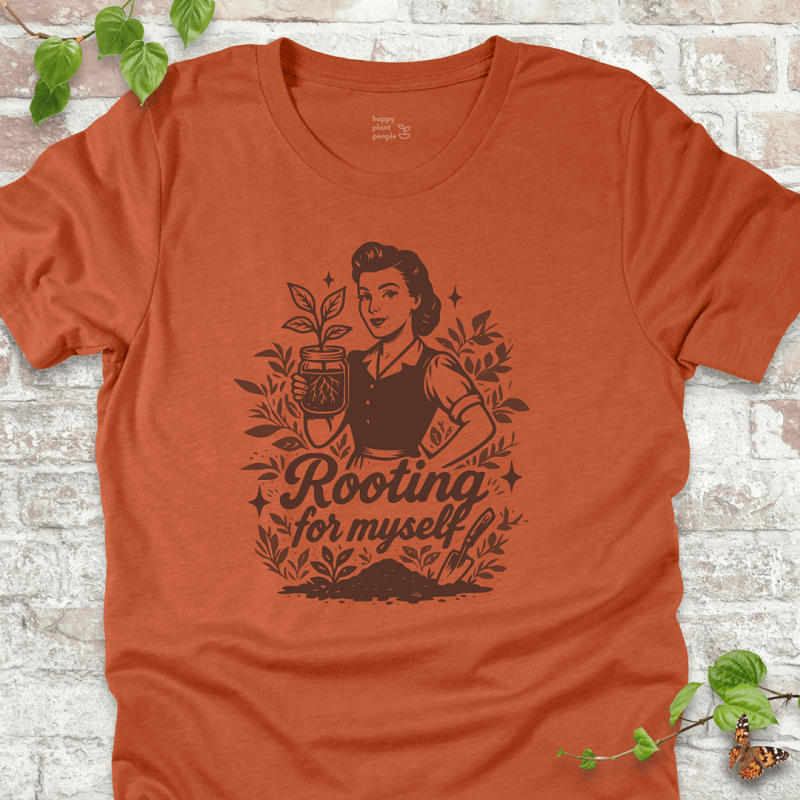 Rooting for Myself T-Shirt in Heather Autumn with vintage gardener and propagation jar design.