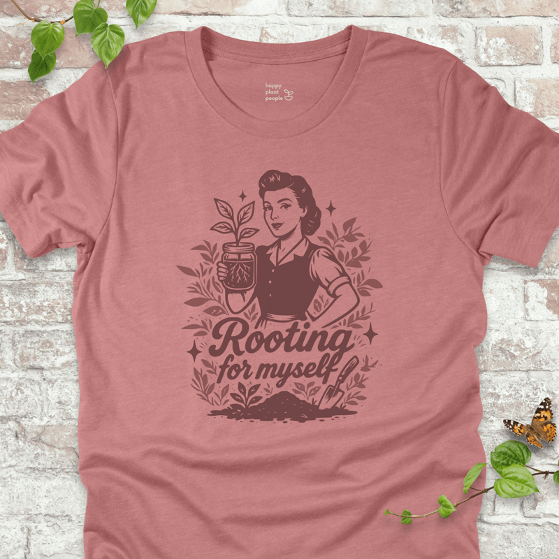 Rooting for Myself T-Shirt in Heather Pink with vintage gardener and propagation jar design.