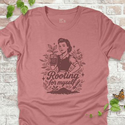 Rooting for Myself T-Shirt in Heather Pink with vintage gardener and propagation jar design.
