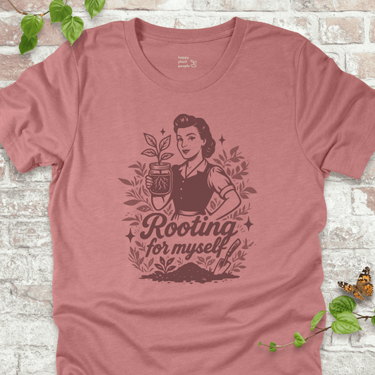 Rooting for Myself T-Shirt in Heather Pink with vintage gardener and propagation jar design.