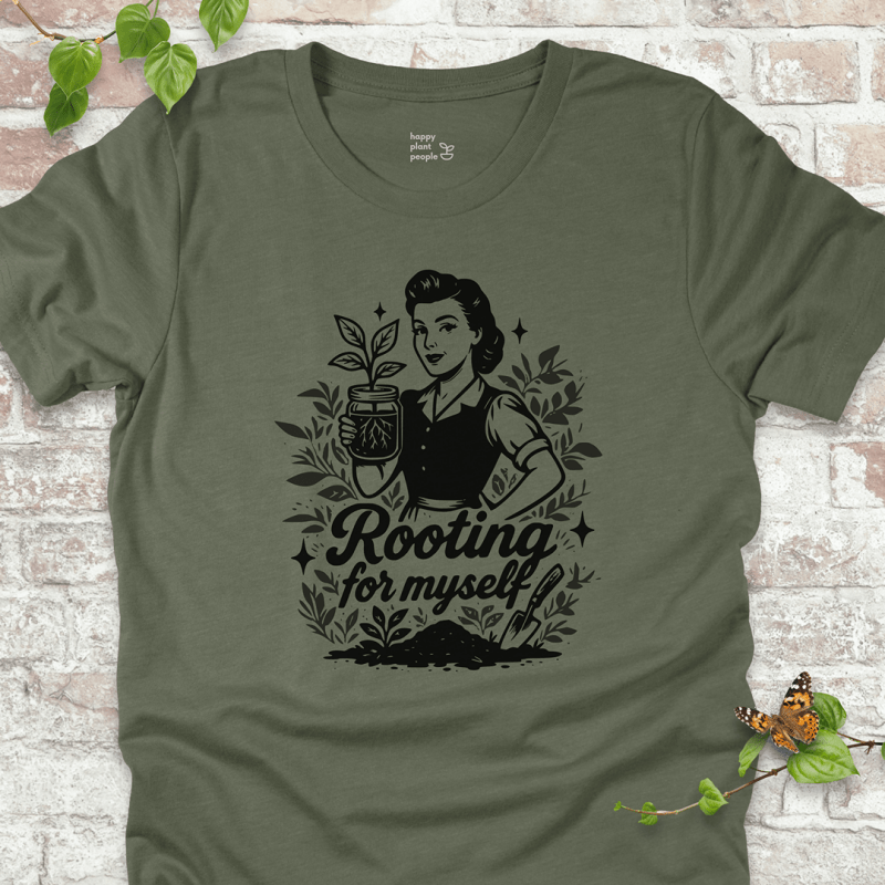 Rooting for Myself T-Shirt in Heather Military Green with vintage gardener and propagation jar design.