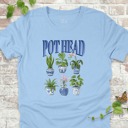 Pot Head T-Shirt in Baby Blue with houseplants in chinoiserie pots and bold blue text.