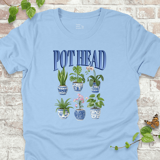 Pot Head T-Shirt in Baby Blue with houseplants in chinoiserie pots and bold blue text.