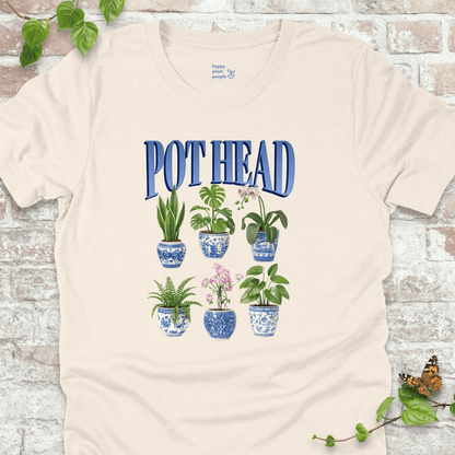 Pot Head T-Shirt in natural with houseplants in chinoiserie pots and bold blue text.