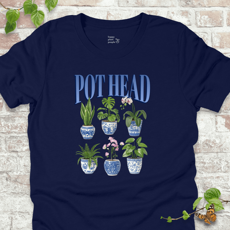 Pot Head T-Shirt in Navy Blue with houseplants in chinoiserie pots and bold blue text.
